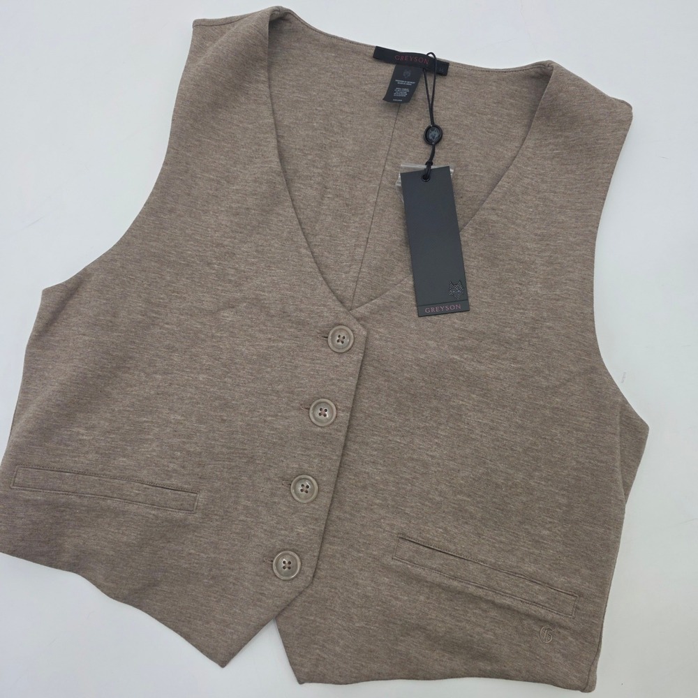GREYSON OJAI CROPPED VEST WOMENS MEDIUM BROWN TAILORED V NECK BUTTON POCKETS NEW